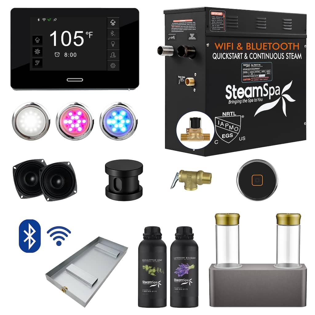 Black Series WiFi and Bluetooth 9kW QuickStart Steam Bath Generator Package with Dual Aroma Pump in Matte Black - Matte Black