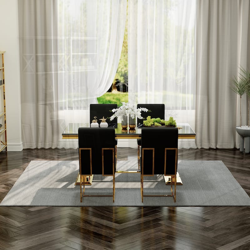 White and Gold Dining Room Table Set with 72 inch Table and White PU Leather Dining Chairs