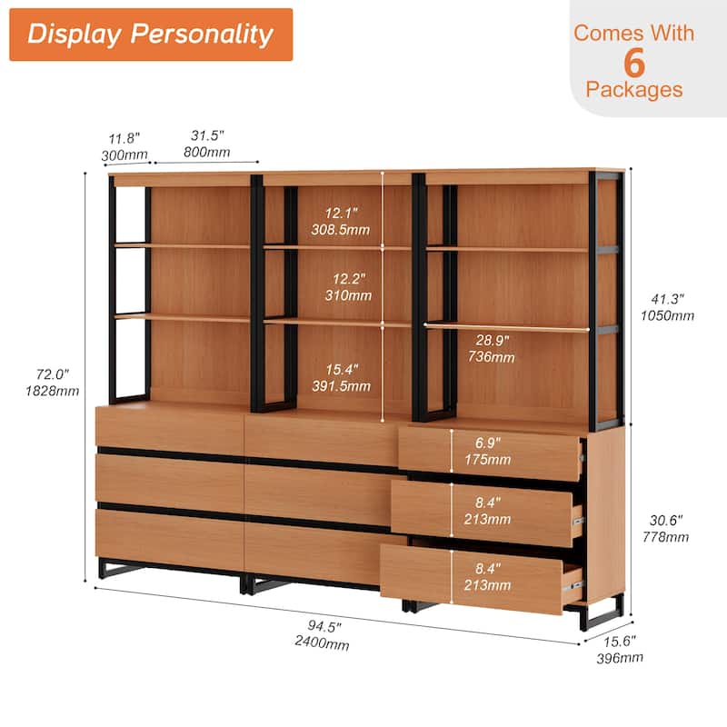 WAMPAT Modern 72" Tall Bookcase with Drawers and Open Book Shelfs, Library Book Shelf for Home Office, Living Room