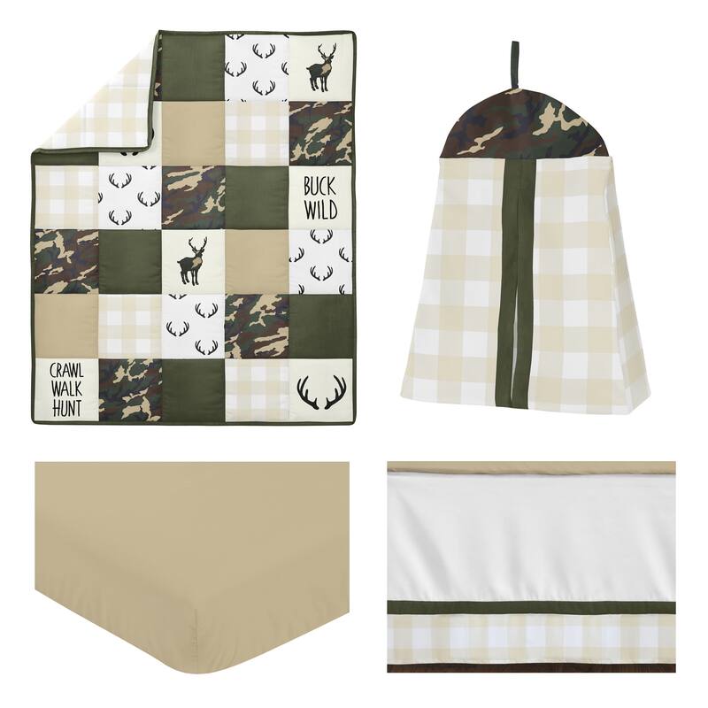 Sweet Jojo Designs Green Beige Deer Buffalo Plaid Check Woodland Camo Camouflage Collection Boy 4-piece Crib Bedding Set