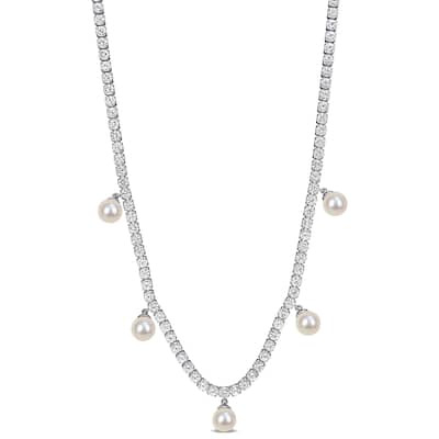 Miadora Cultured Freshwater Pearl 9 1/4ct Created White Sapphire Necklace in Sterling Silver