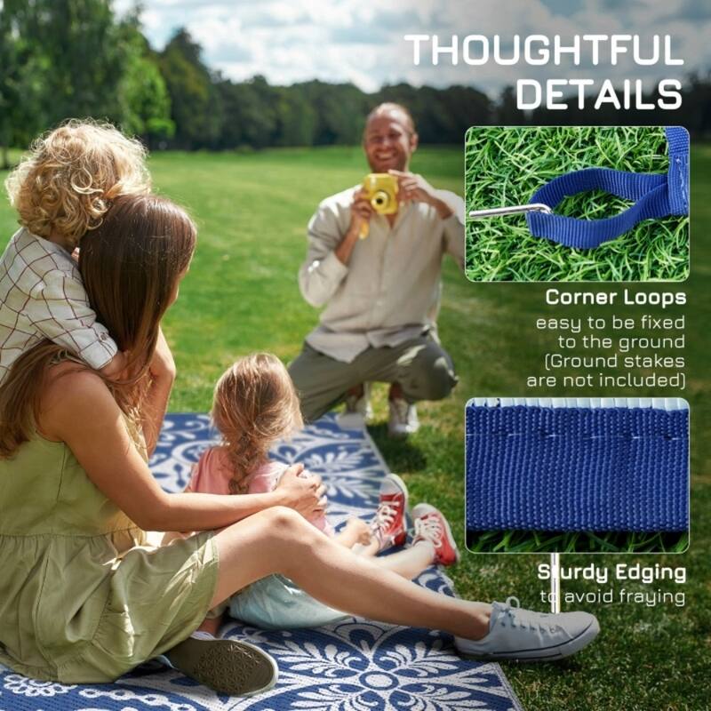 Reversible Outdoor Rug with Carry Bag Large Picnic Blanket for Camping, RV Trips, Beach - 143.7" L x 107.9" W