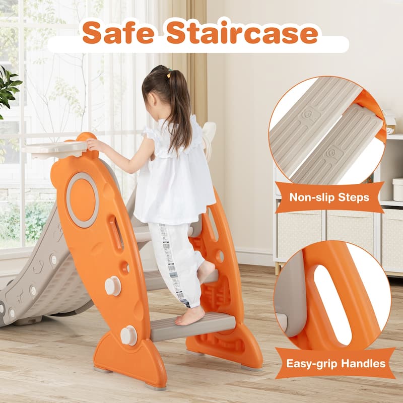 4 in 1 Indoor Slide for Kids Age 3+ Years with Basketball Hoop and Rings-Orange - Multi