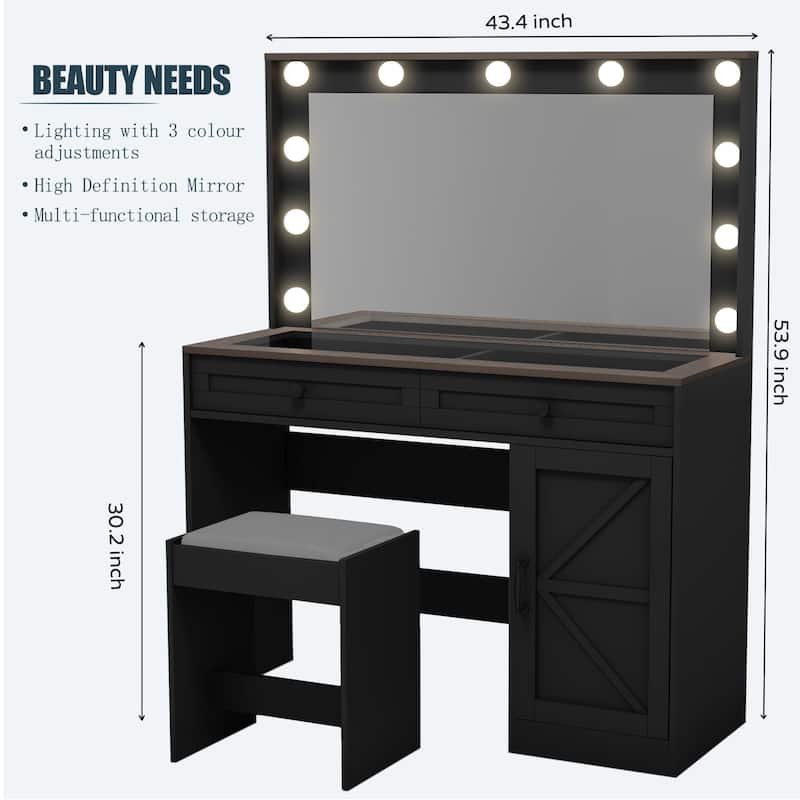 Homy Casa 43.4" Makeup Vanity Table with LED Light & 3 Drawers