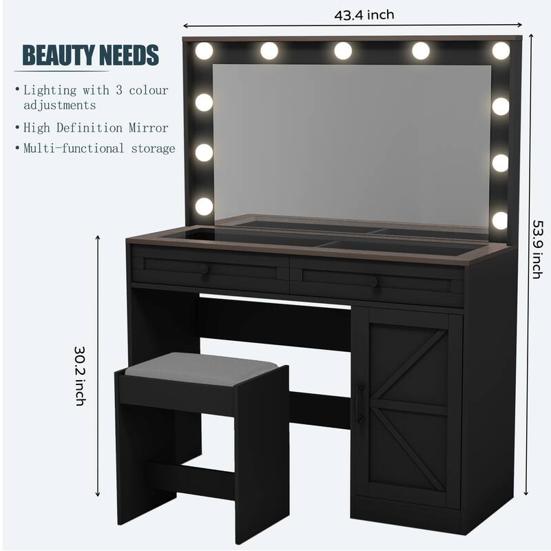 Vanity Desk with Large Mirror, Makeup Table with LED Lights and 3 Drawers, Vanity Table Set with Glass Top and Padded Stool