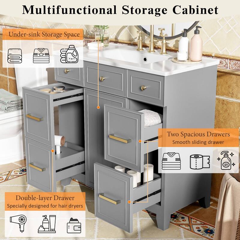 36 Inch Bathroom Vanity with Sink Combo Solid Wood Cabinet 3 Drawers