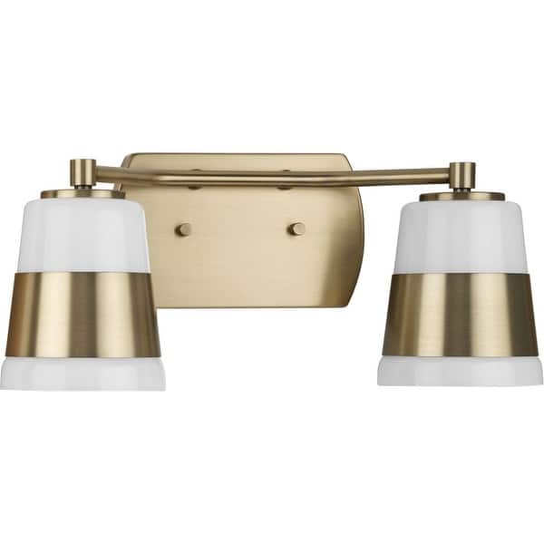 slide 2 of 11, Haven Collection Two-Light Vintage Brass Opal Glass Luxe Industrial Bath Light - 16 in x 6.75 in x 7 in 16 in x 6.75 in x 7 in
