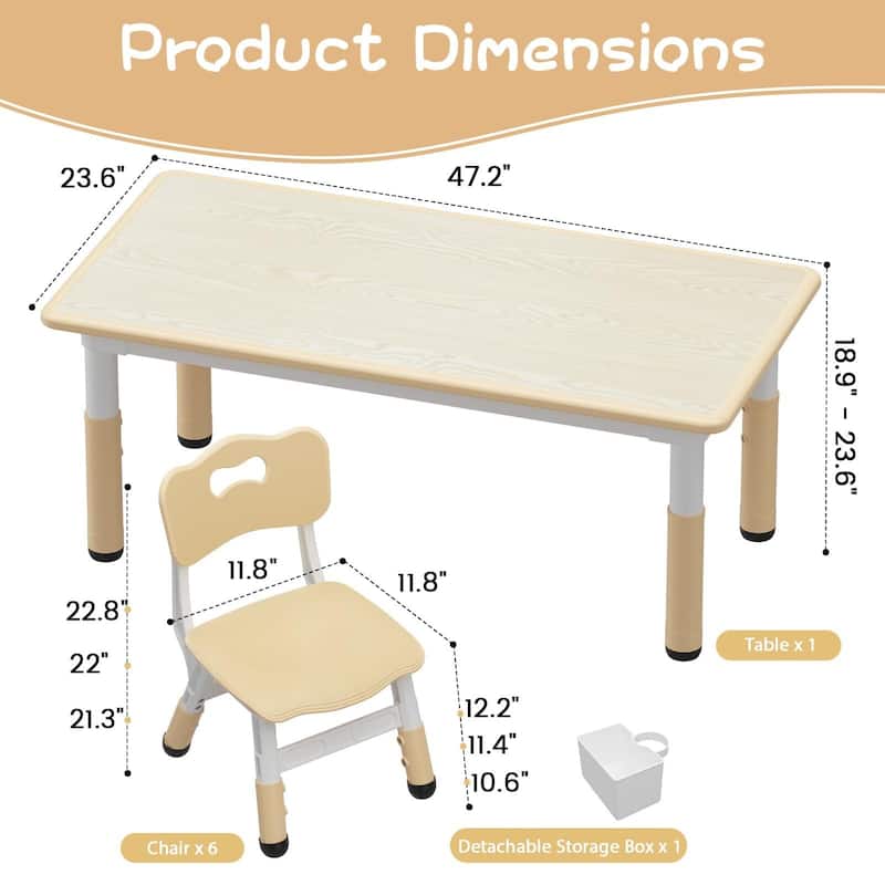 Height Adjustable Kids Table and 6 Chairs Set with Storage Box
