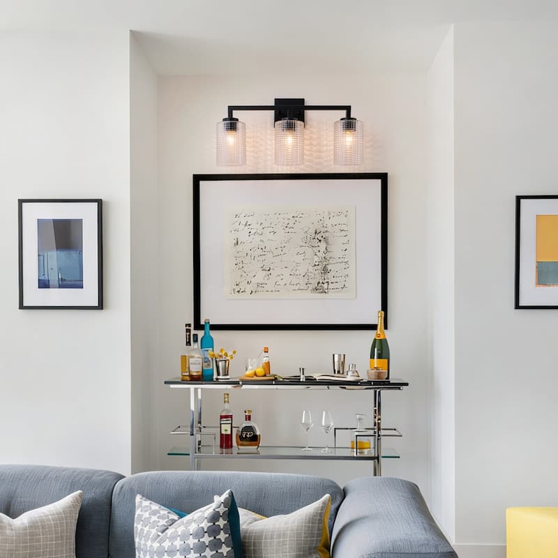 3/4-Light Modern Black Wall Sconce Bathroom Vanity Light with Grid Glass Shades