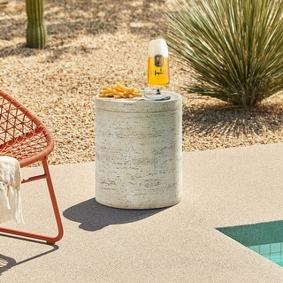 Beige and Brown MgO Round Outdoor Side Table - 16.93" H x 13.58" W x 13.58" D