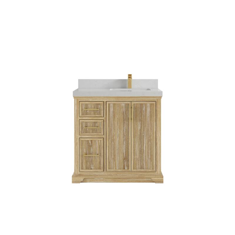 Willow Collections 36 x 22 Alys Solid Teak Right Offset Sink Bathroom Vanity with Quartz or Marble Countertop - 2"Carrara Quartz - Whitewashed