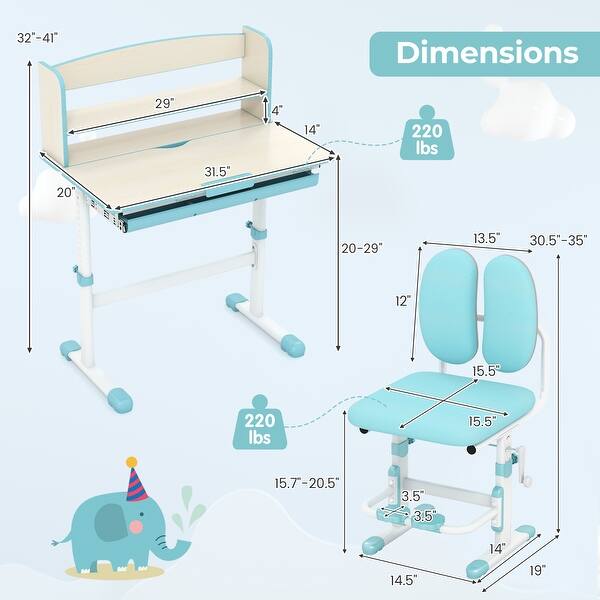 dimension image slide 1 of 2, Kids Desk and Chair Set with Adjustable Height and Tilted Desktop - 31.5" x 20"x 41" (L x W x H)