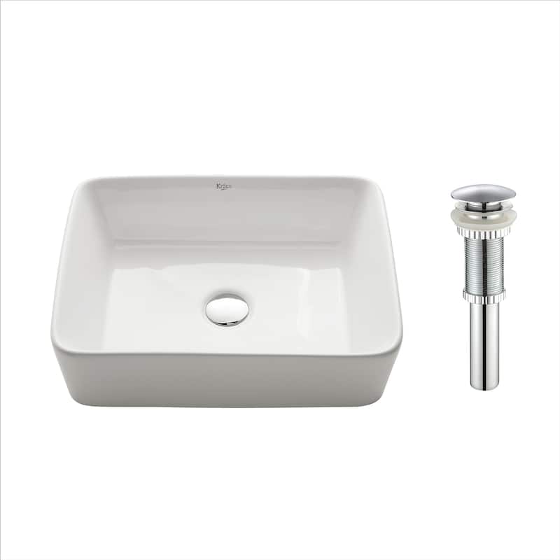 Kraus Elavo 19 inch Rectangle Porcelain Ceramic Vessel Bathroom Sink - White w/ Chrome Pop Up Drain