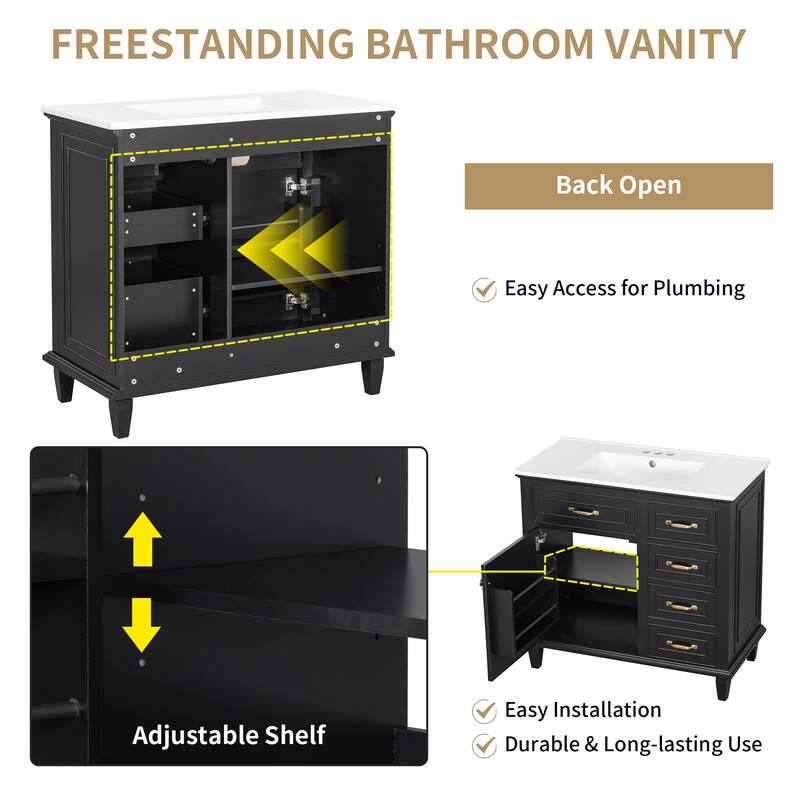 36 Inch Bathroom Vanity with Ceramic Sink Top, Solid Wood Frame, MDF & Poplar Cabinet, Flip Drawers, Adjustable Shelf