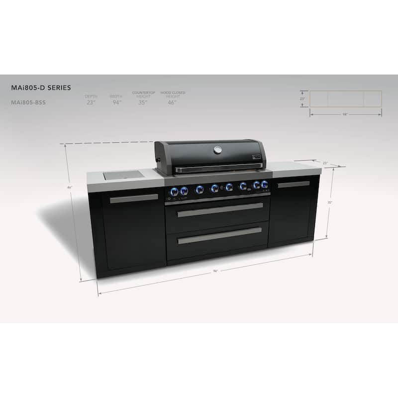 Mont Alpi MAi805-BSS 6-Burner Black Stainless Steel Modular Outdoor Kitchen Barbecue Gas Grill with Side Burner and Grill Cover