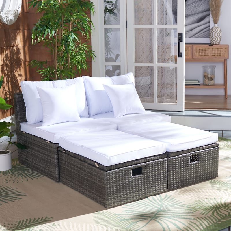 SAFAVIEH Outdoor Algrid Settee with Storage Ottomans (Set of 2) - 29Wx23Dx25H - Grey Brown/White