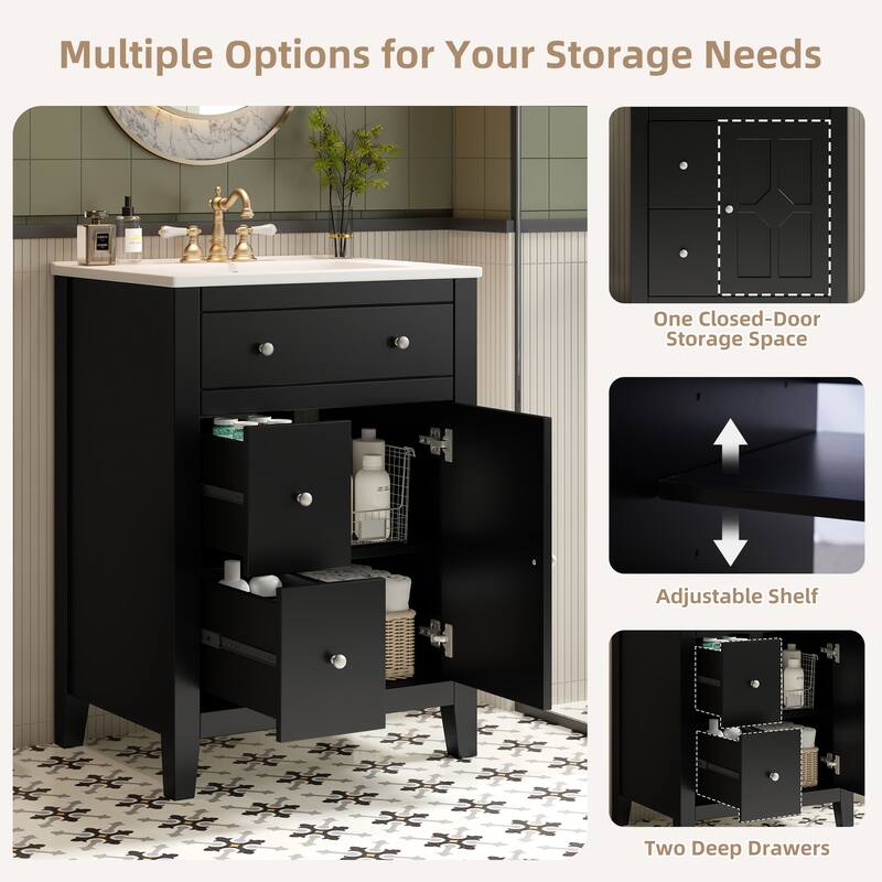 24" Modern Bathroom Vanity - Ceramic Basin, 2 Drawers & Soft-Closing Door, Compact Design