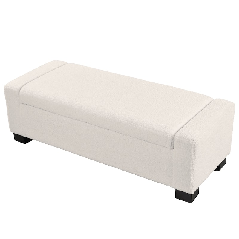 Rectangular Ottoman Bench in Textured Boucle with Hinged Lid for Seating, Footrest and Hidden Storage
