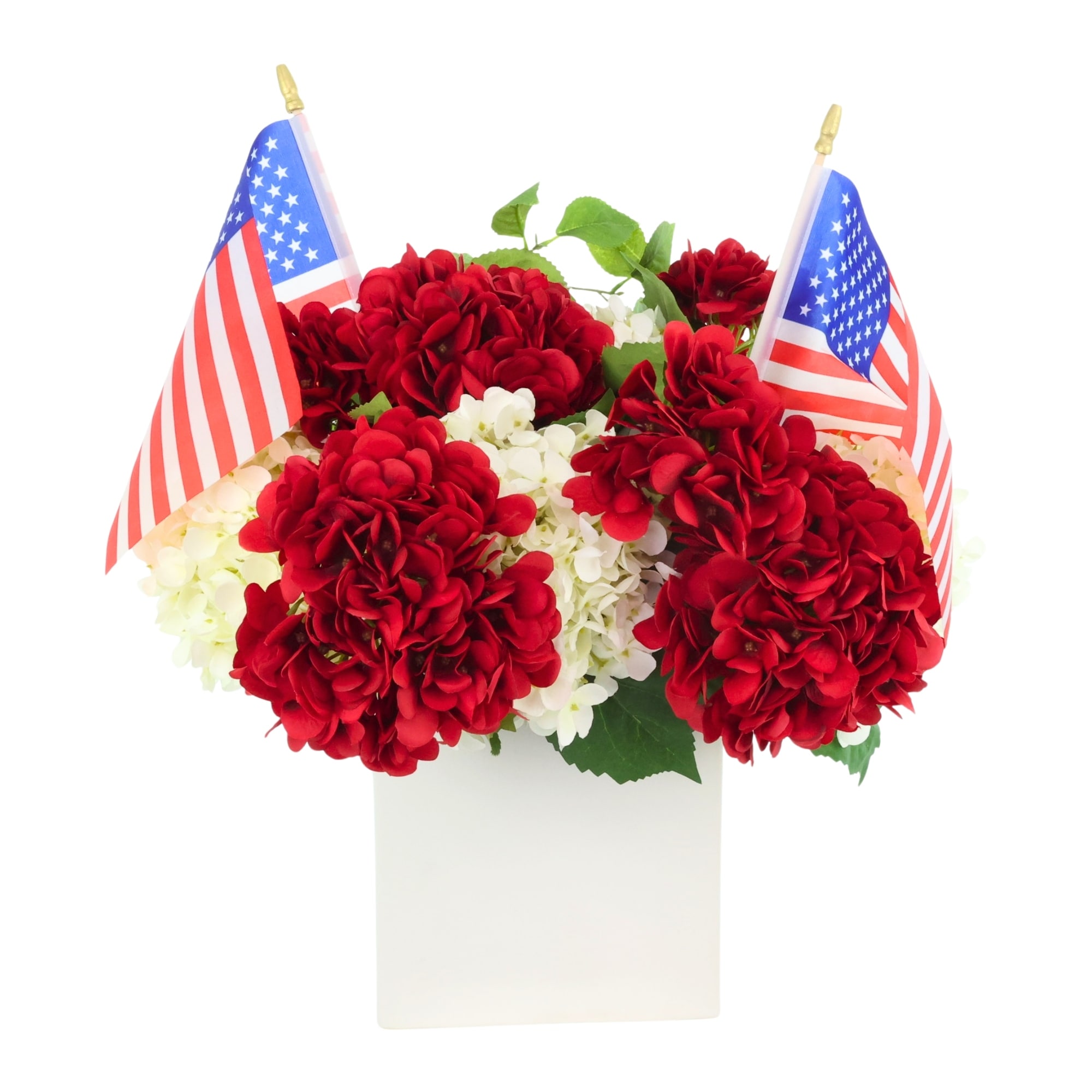 Hydrangea Arrangement with Flags in Ceramic Pot