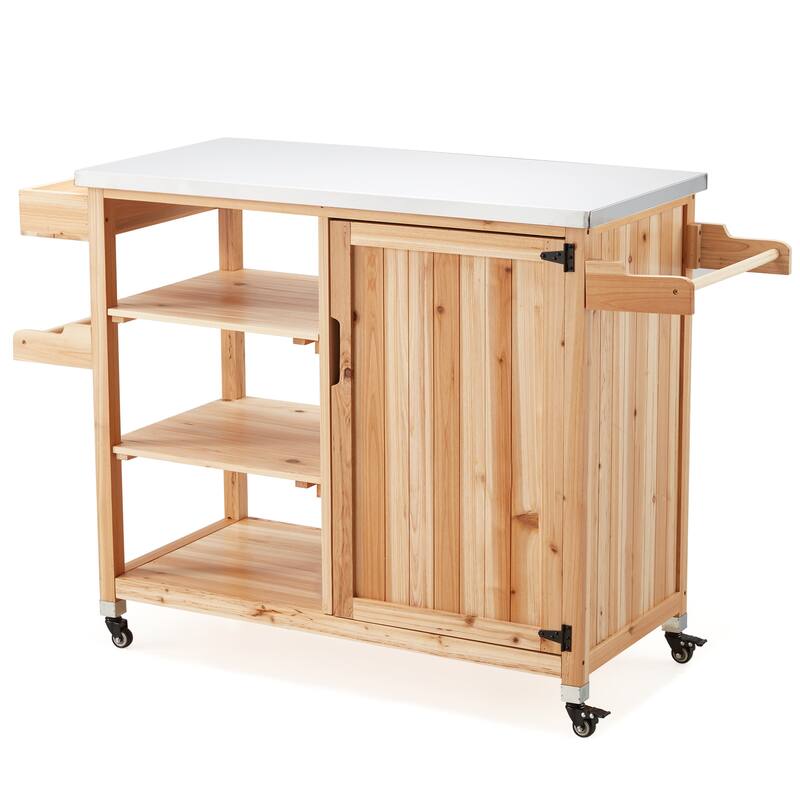 EROMMY Outdoor Kitchen Island on Wheels, Solid Cedar Wood Grill Cart with 201 Stainless Steel Top & 3‑Tier Storage - Wood Color