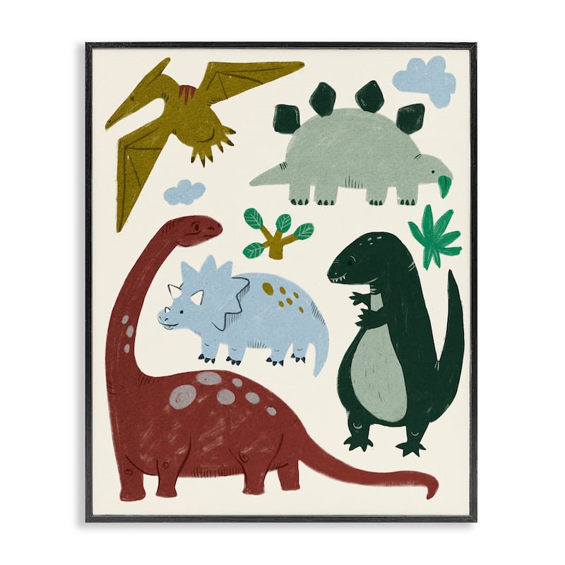 Stupell Colorful Cartoon Dinosaur Friends Kid's Science Illustration Framed Wall Art