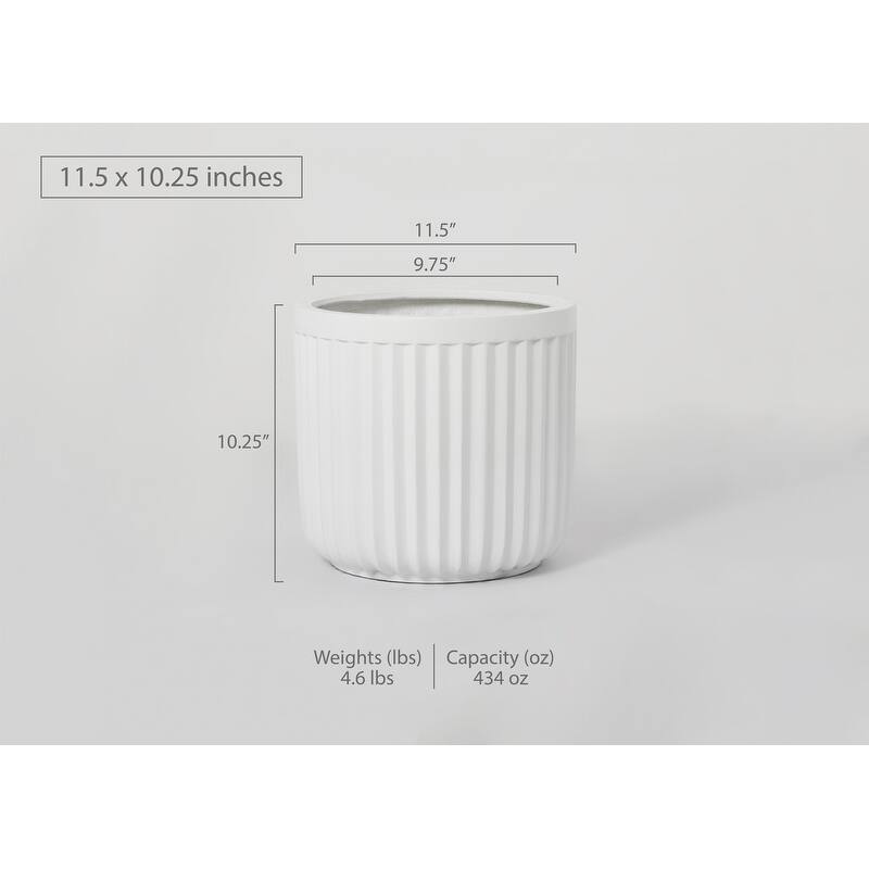 Indoor/Outdoor Large 1-Piece Minimalist Fiberstone Lightweight Short Round Planter Pot With Grooves - 16, 13, 11 in Matte Finish