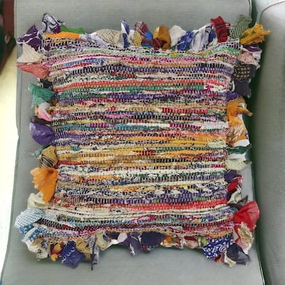 HomeRoots 18" X 18" Blue and Red Weave Zippered Pillow With Fringe