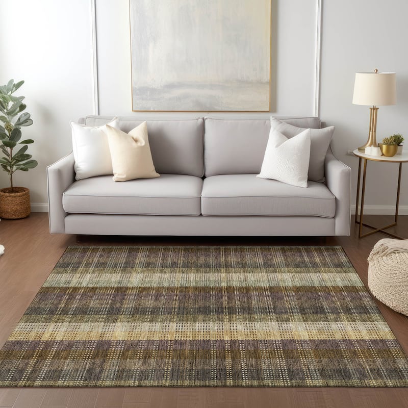 Machine Washable Indoor/ Outdoor Modern Plaid Chantille Rug