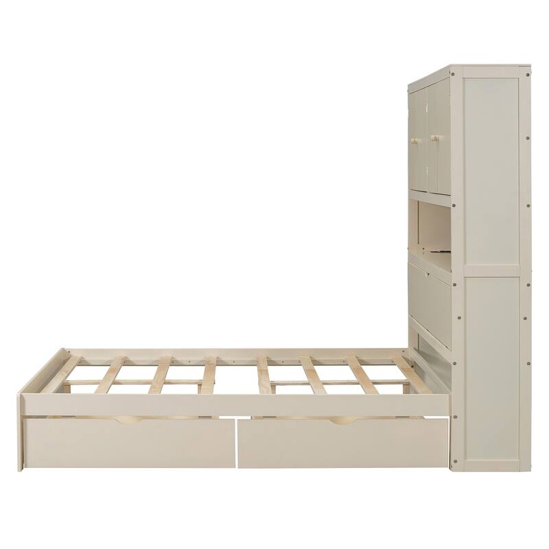 Full Size Wooden Platform Bed with USB, Storage Headboard & Drawers