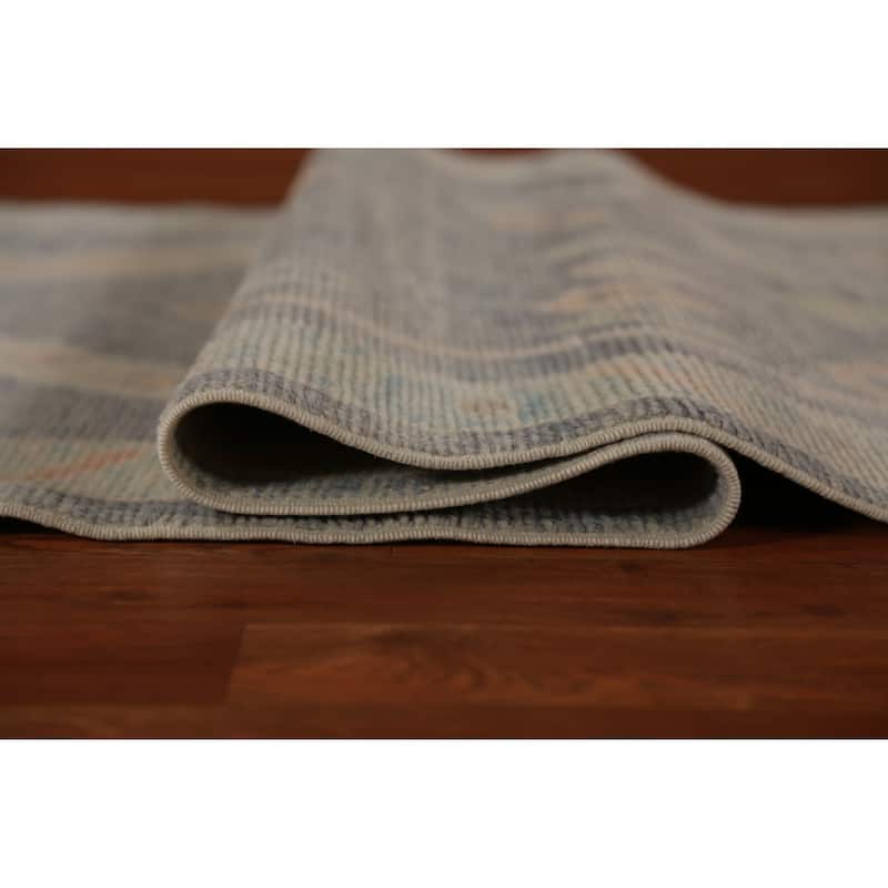 Hand Knotted Oriental 100% Wool Carpet Transitional Geometric Navy Blue & Blues Oushak Runner Rug - 9' 6'' X 2' 11''