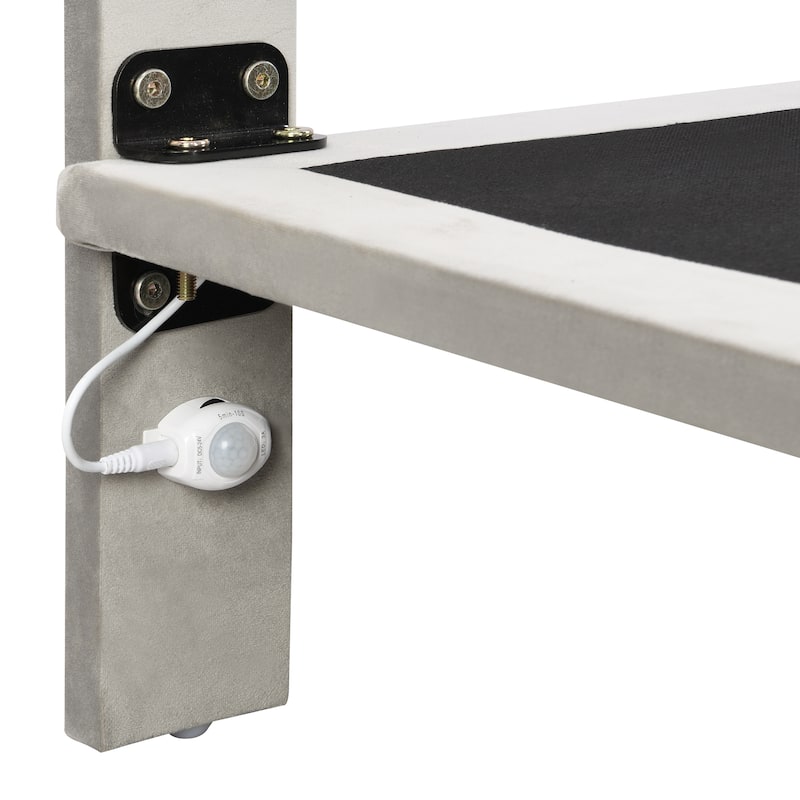 Grey Queen Size Velvet Upholstered Queen Bed with Sensor Light, Floating Platform Design, and Headboard