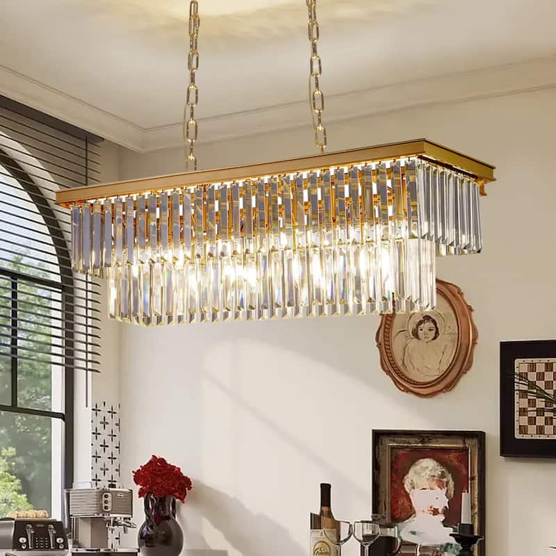 Gold Rectangle Crystal Chandelier, Luxury Pendant Light for Dining Room, Bulbs Included