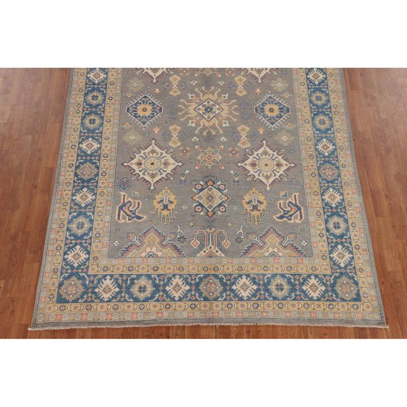 Hand Knotted Oriental 100% Wool Carpet Traditional Geometric Greys & Charcoal Kazak Area Rug - 9' 9'' X 6' 5''