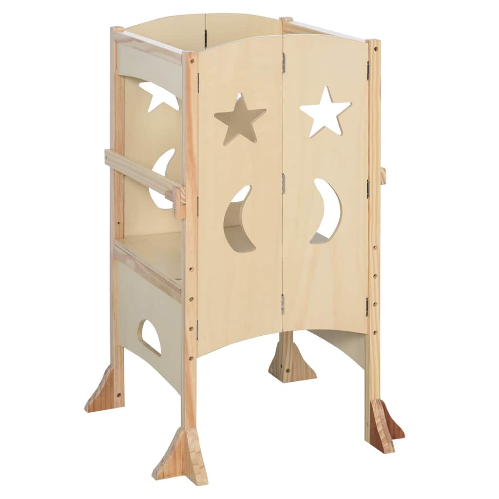 Wooden Kitchen Step Stool for Kids, Foldable Toddler Tower, Helper Stool for Kitchen Counter with Support Handles Safety Rail