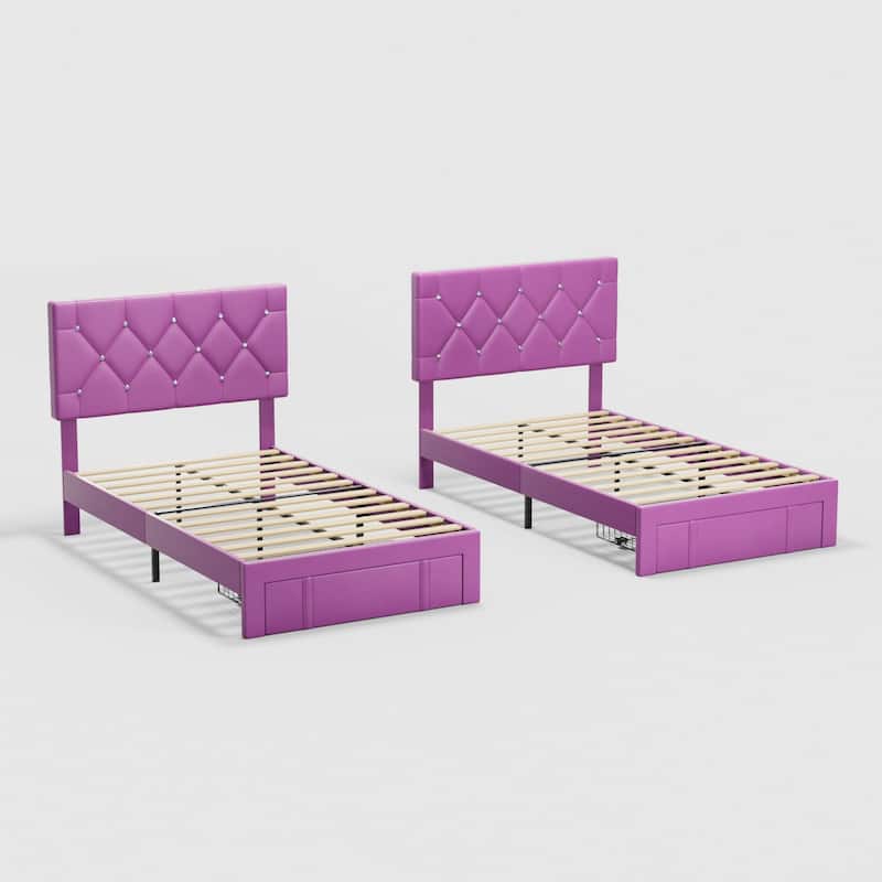Javlergo 2-Piece Twin Bed Frame Set 39.4-45.3" Adjustable Height PU Leather Headboard with Diamond Embellishment Storage Drawer