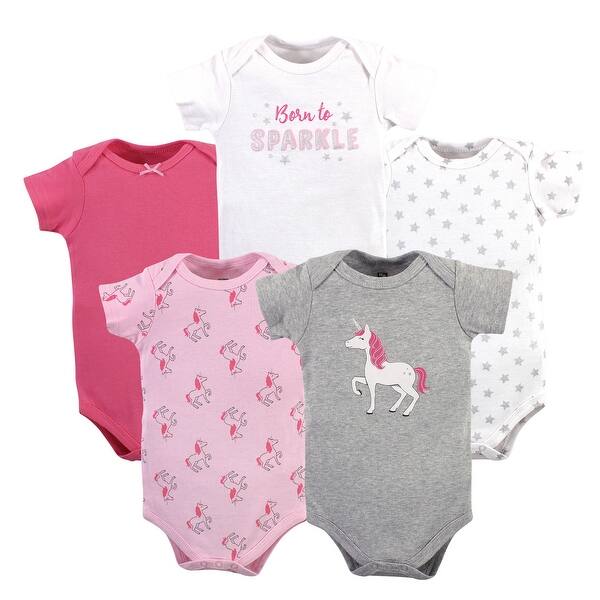 slide 1 of 1, Hudson Baby Infant Girl Cotton Bodysuits 5pk, Pink Unicorn 0-3 Months - Pink Unicorn
