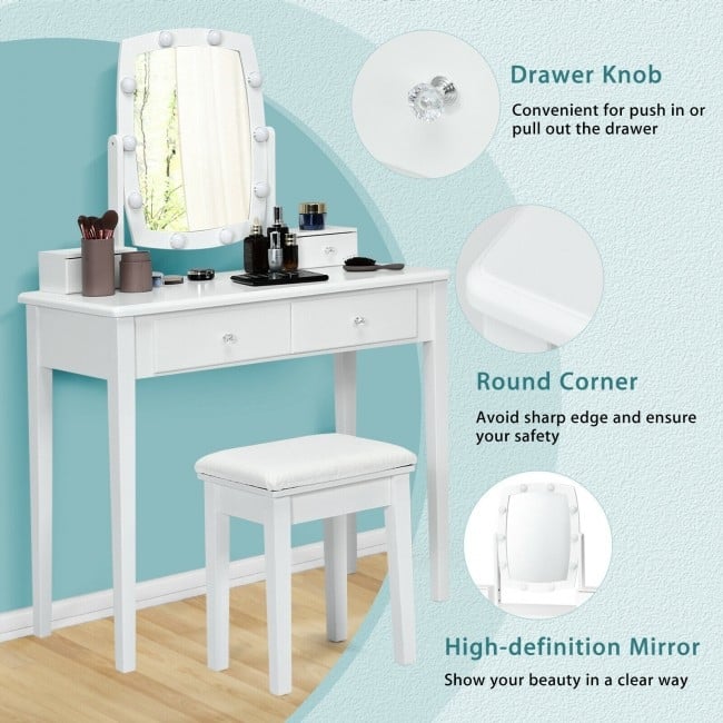 Vanity Table Set with Lighted Mirror for Bedroom and Dressing Room - 36" x 16" x 52" (L x W x H)