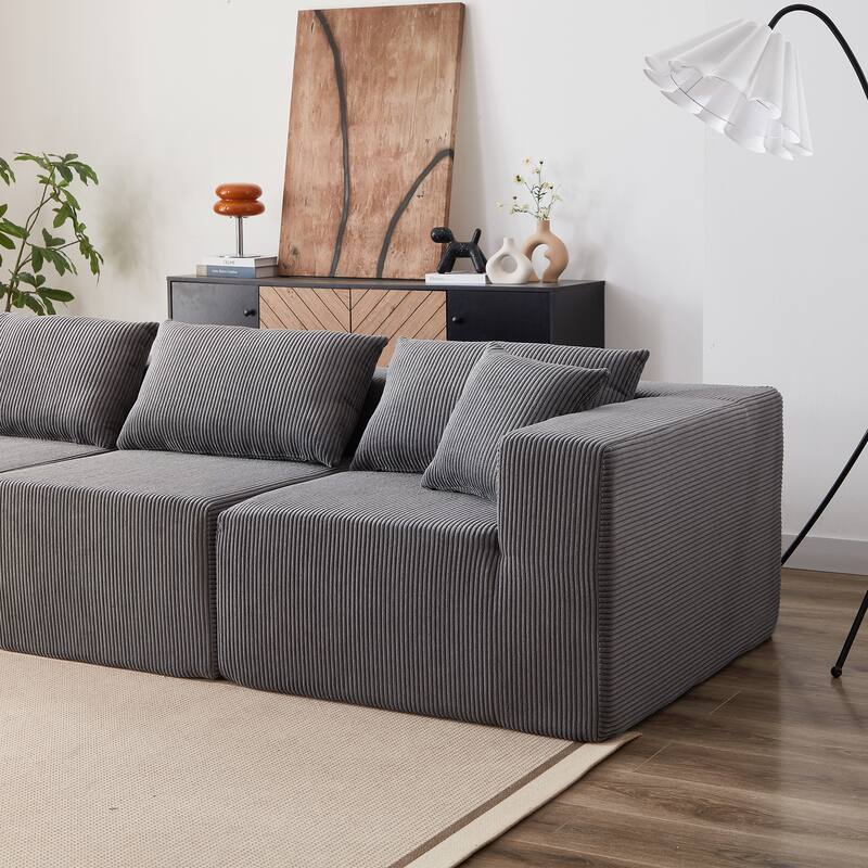 Corduroy Convertible Sectional Cloud Sofa, Foam-Filled Compressed Boneless Sofa, Modular L Shaped Floor 4 Seat Sofa