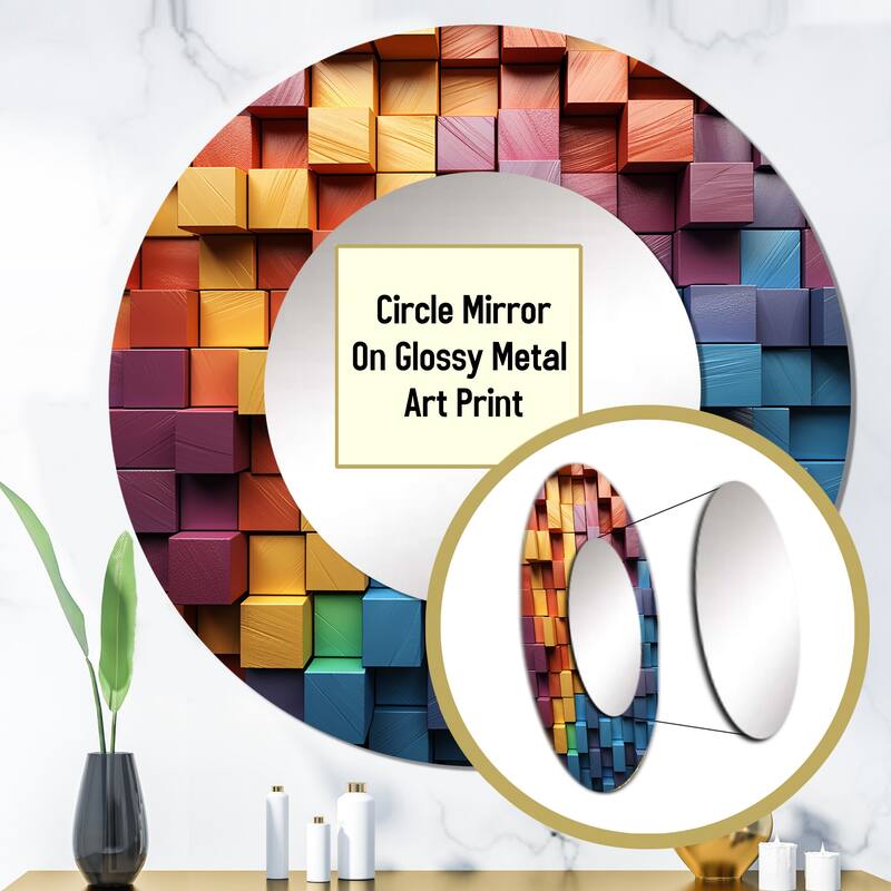 Designart "Rainbow Cubic Wood Spectrum" Abstract Shapes Living Room Mirror - Yellow Modern Round Mirror