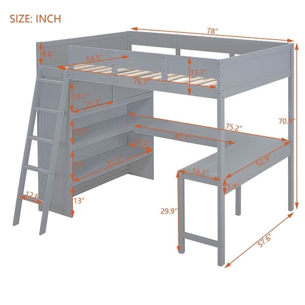 dimension image slide 1 of 2, Full Size Grey Loft Bed with Desk, Shelf, and Storage - Solid Pine Wood