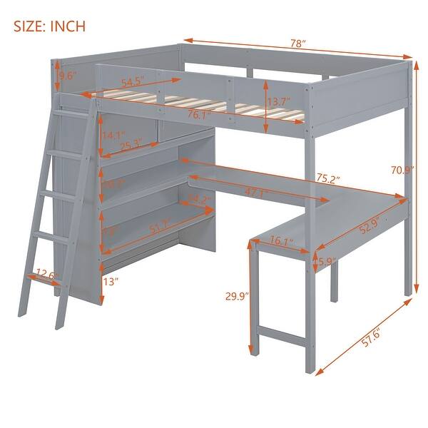 dimension image slide 0 of 2, Full Size Loft Bed with L-shape Desk and Bookcase, Wooden Bed