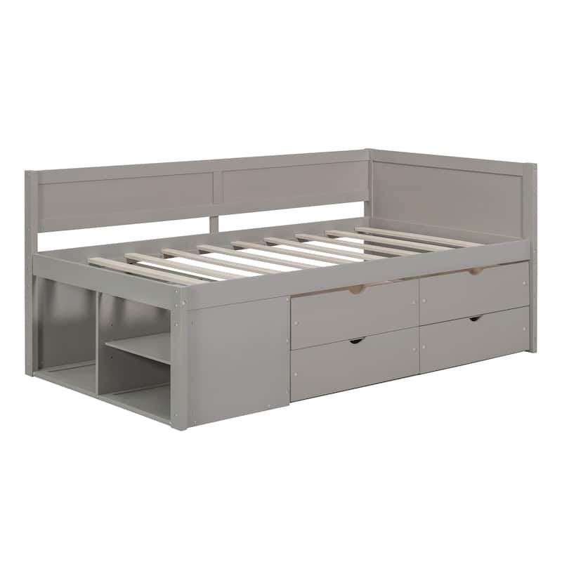 Twin Size Daybed with Drawers Shelves Modern Elegant Design