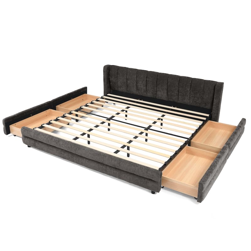 Thick Fabric Upholstered Bed Frame, Low Profile Storage Platform Bed with 4 Storage Drawers, Metal Legs and Wood Slat Support