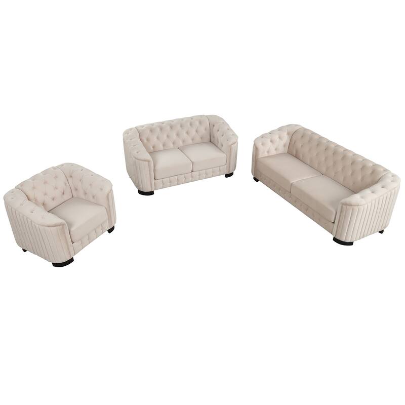 3-Piece 6-Seat Velvet Sofa Set (3+2+1) with Tufted Back & Rubber Wood Legs