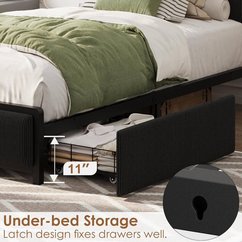 Twin Size Platform Bed Frame with 2 Storage Drawers and Charging Station