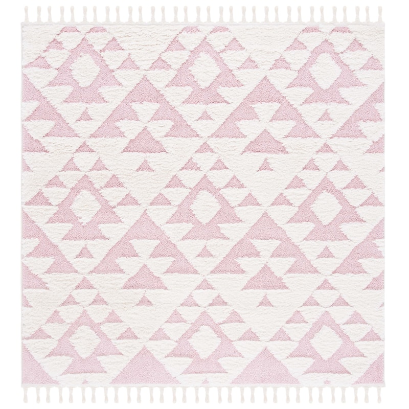 SAFAVIEH Moroccan Tassel Shag Delores 2-inch Thick Rug - 3' Square - Ivory/Pink