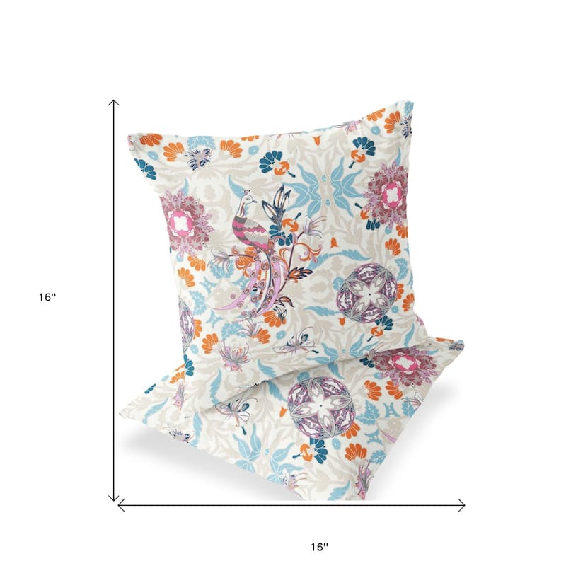 HomeRoots Set of Two 16" X 16" Blue and Off White Peacock Blown Seam Eclectic Indoor Outdoor Throw Pillow