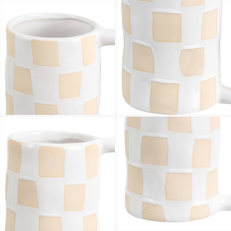 SAFAVIEH Home Anika White/Beige Ceramic Checkered Wavy Handle Vase Set of 2