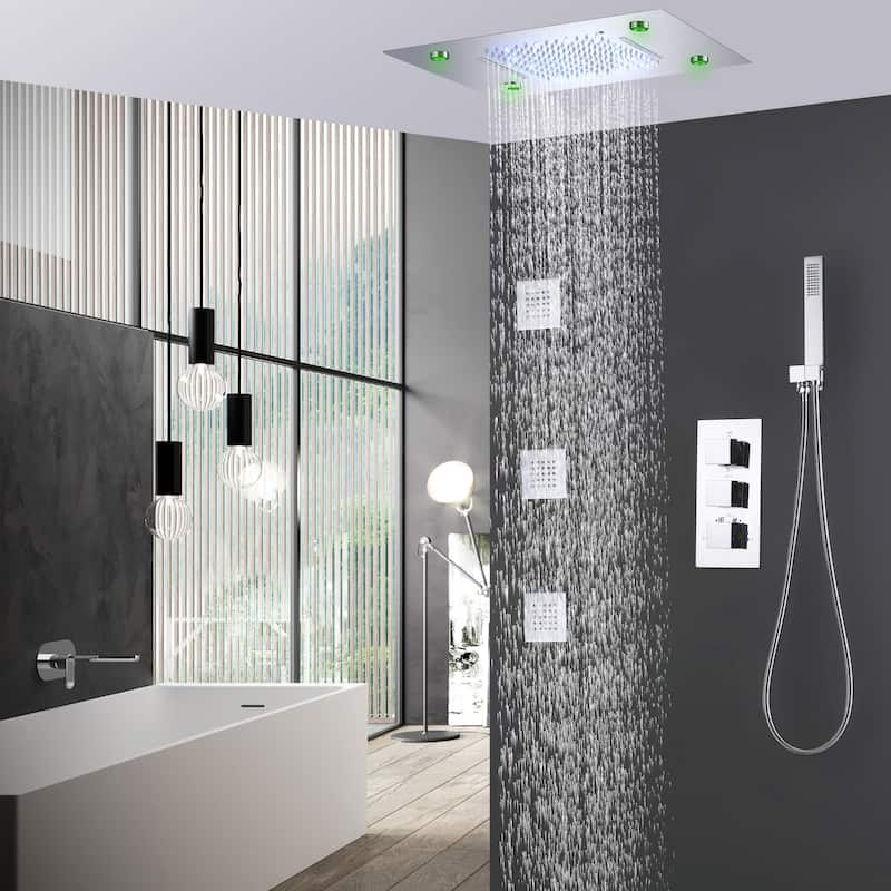 LED 4-Way Complete Rain and Waterfall Shower System with 3 body Jets & High-pressure Handheld, Ceiling Mounted