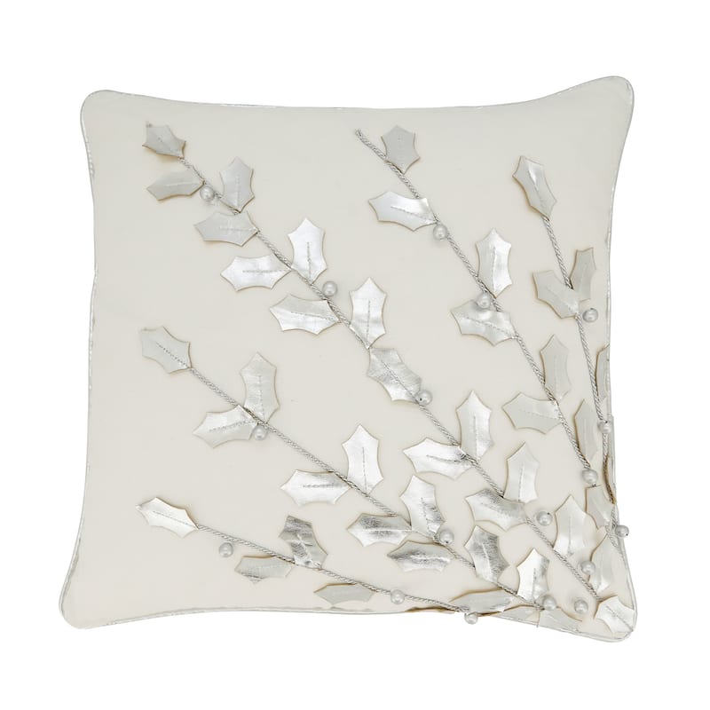Metallic Poinsettia Branch Design Holiday Cotton Poly Filled Throw Pillow - Silver - 18"x18"
